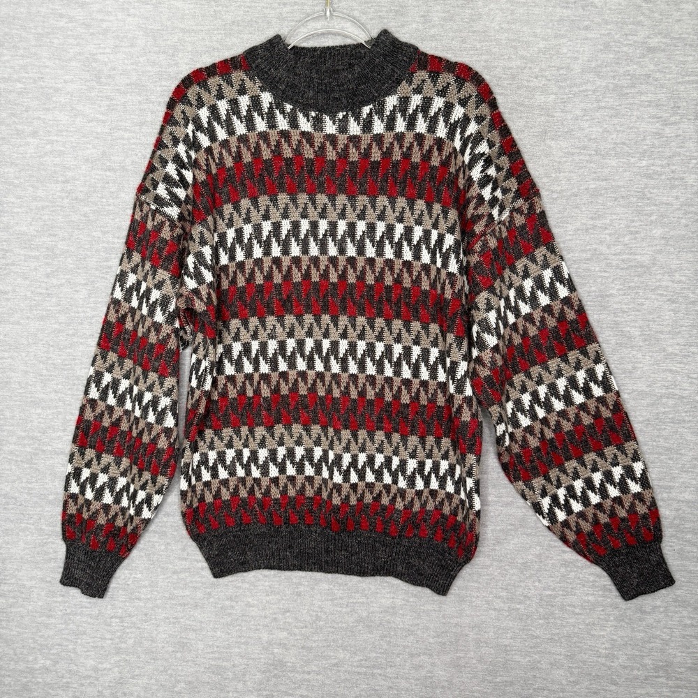 McGregor L Vintage Mock Neck Sweater Acrylic Grandpa Ugly Geometric Gray Red‎